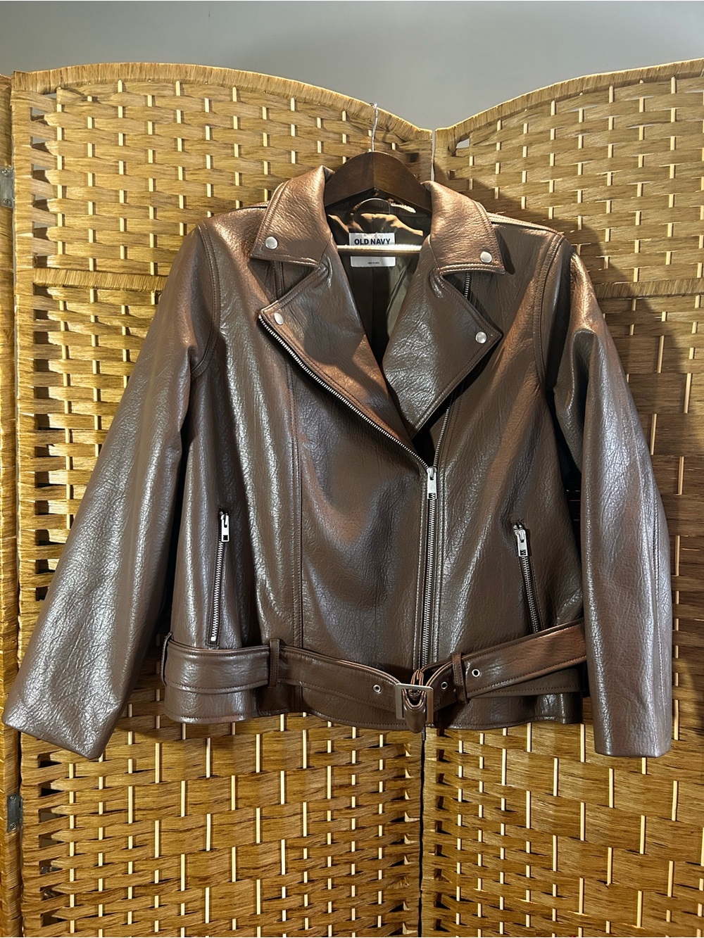 🏍️Brown Faux Leather Moto Jacket Belted Biker Zip Lined Petite XL
